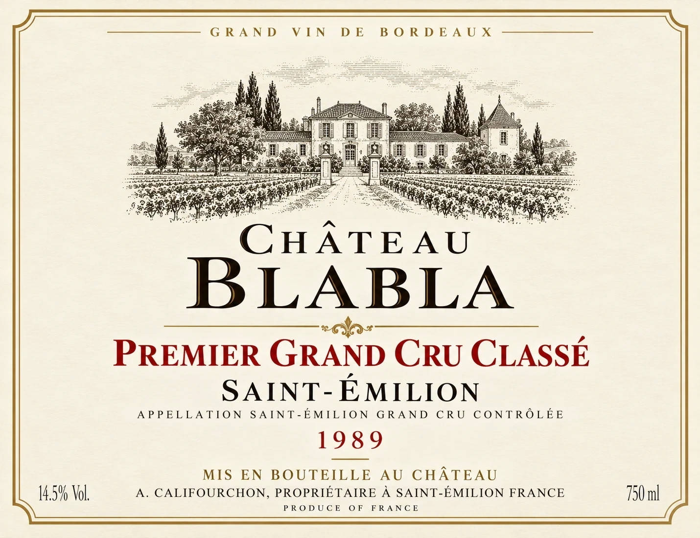 Étiquette imaginaire Château Blabla 1989 / Imaginary Château Blabla 1989 label