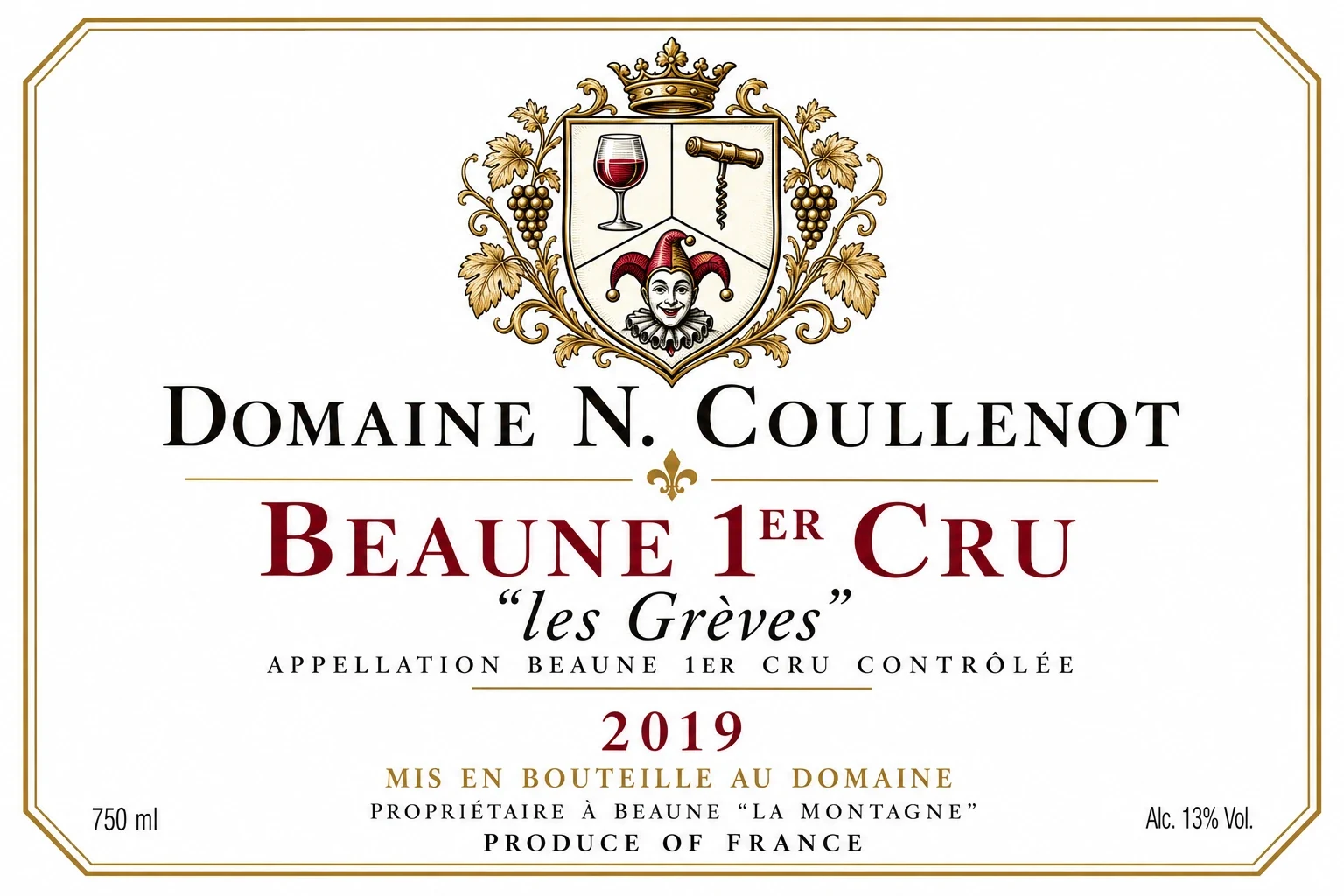 Étiquette imaginaire Domaine N. Coullenot, Beaune 1er Cru Les Grèves 2019 / Imaginary Domaine N. Coullenot, Beaune 1er Cru Les Grèves 2019 label