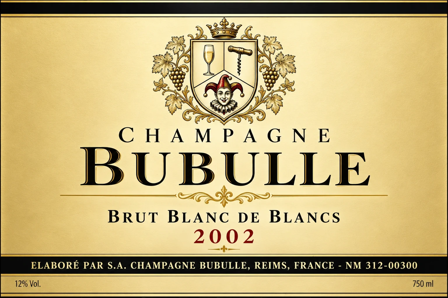 Étiquette imaginaire Champagne Bubulle Brut Blanc de Blancs 2002 / Imaginary Champagne Bubulle Brut Blanc de Blancs 2002 label
